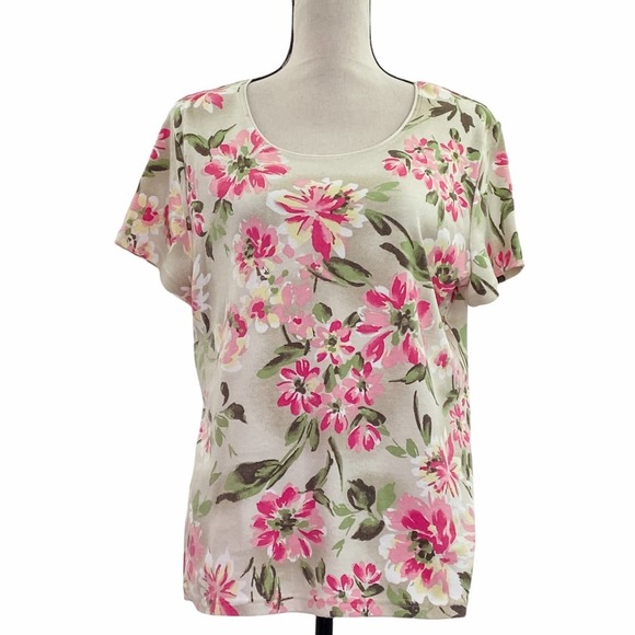 Karen Scott Tops - KAREN Scott Tan Pink & Green Floral Print Short Sleeve Round Neck Bloue